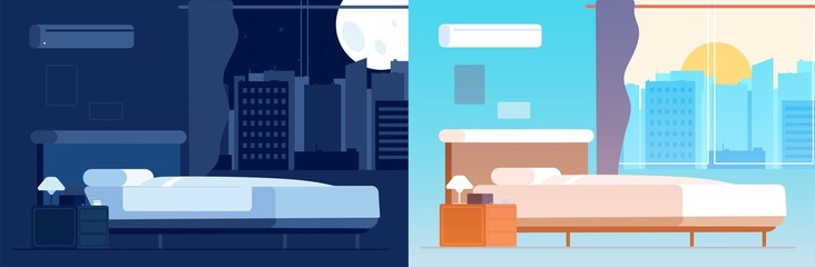 Day night bedroom interior. Room location in different time. Empty home with bed vector illustration. Bedroom interior, home night and day