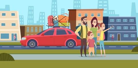 Obraz na płótnie Canvas Family go to road trip. Happy mom dad and children making selfie on city street. Travel together on car vector illustration. Trip road family, holiday travel and journey