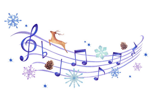 冬イメージの音符と5線符の手描き色鉛筆画のイラスト