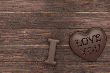 Chocolate heart. Isolated on wood board, 3D render. 3D illustration.
