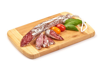 Fuet sausage, jerked meat with mold, isolated on white background