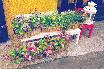 Decoration of flowers and a white lantern in front of a coffee shop. Toned image.