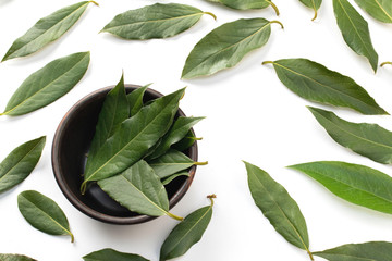 Fresh bay leaves background. Top view. Natural skin care concept.