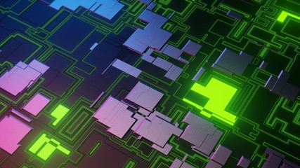 Sci-fi landscape generated mathematically, resembling a motherboard