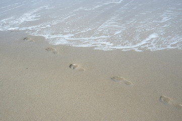 footprints in the wet sand by the sea