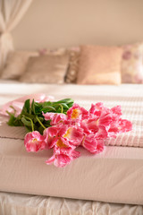 Rose bouquet. Soft focus of a Rose bouquet on a bed, romantic, honeymoon and Valentine's concept