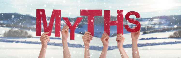 People Hands Holding Word Myths, Snowy Winter Background