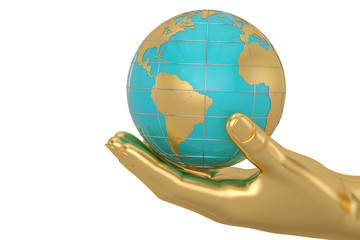 Gold hand with globe Isolated On White Background, 3D render. 3D illustration.
