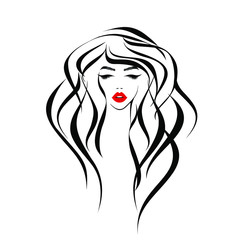 Beautiful sexy face, red lips, fashion woman, element design, curly hairstyle, hair salon sign, icon. Beauty Logo. Vector illustration. Hand drawing style