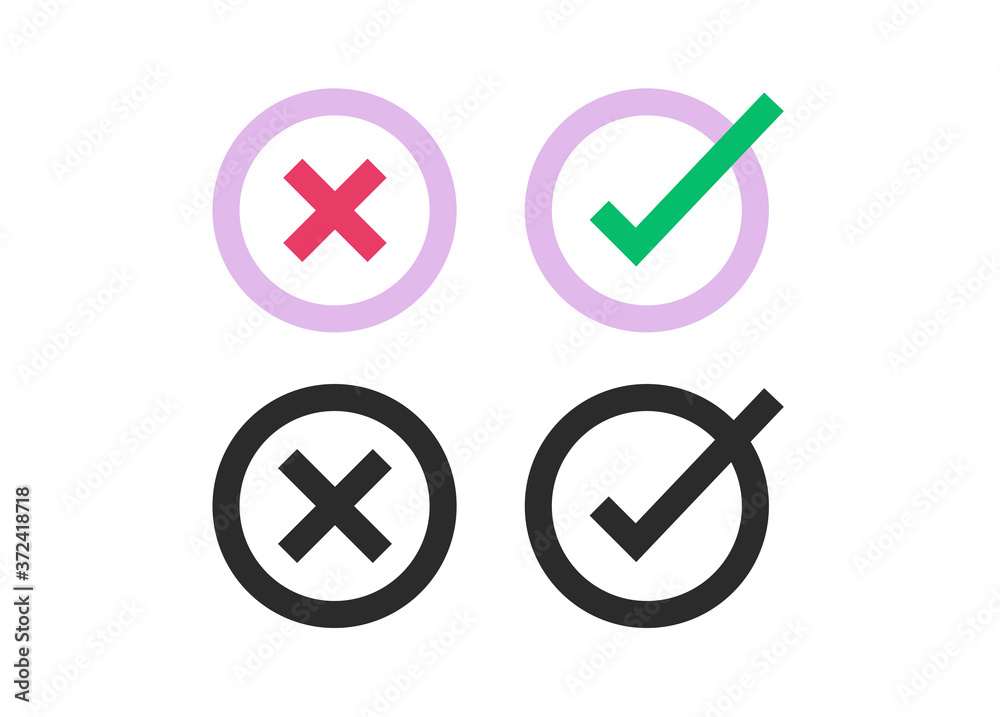 Poster right and wrong yes no circle checkbox list icons vector flat isolated, x close cross and ok round c