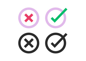 Right and wrong yes no circle checkbox list icons vector flat isolated, x close cross and ok round check mark box button for poll vote, approved declined decision form element, accept or deny clipart