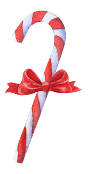 Watercolor image of traditional Christmas treat - striped red and white cane. Hand drawn illustration of candy tied with red bow isolated on white background. Template for greeting card on Christmas