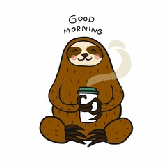 Sloth good morning with hot coffee cup cartoon vector illustration