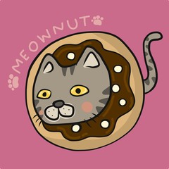 Meownut, Tabby cat inside donut cartoon vector illustration
