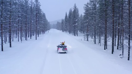 Bird's eye view, female tourist into hatch of car raised arms enjoying winter trip in north country while driving on snowy road surrounded by coniferous forest. Wanderlust in journey, freedom in life
