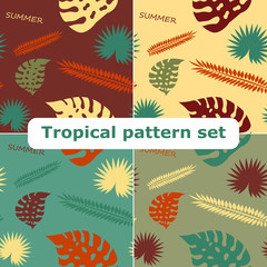 Fototapeta na wymiar Exotic tropical vector background with hawaiian plants set. Seamless tropical pattern with summer lettering and palm leaves.