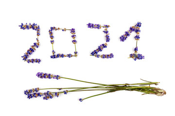 Fresh Lavender flowers as  Numbers 2021  isolated on white background. Space for text