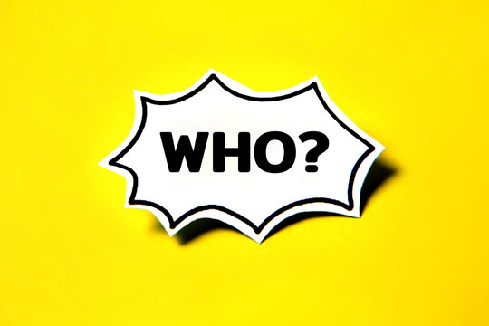who speech bubble on white paper isolated on yellow paper background with drop shadow.