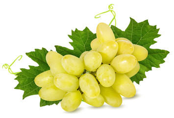 Fresh grapes with leaves isolated on white background with clipping pass