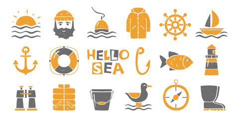 Cute set of sea and fishing icons isolated on transparent background. Handwritten text. Can be used for infographics or decoration. Vector shabby hand drawn illustration © Sasha