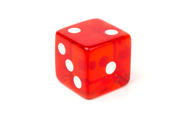 Transparent and red glass dices isolated on white background.