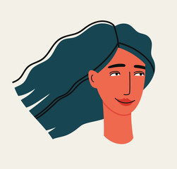 Vector illustration of the female face with blue long hairstyle and red lips, on a beige background.