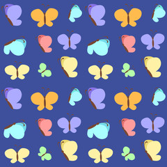 Seamless pattern with butterflies. Flat illustration of flying vector butterflies isolated on a blue background.