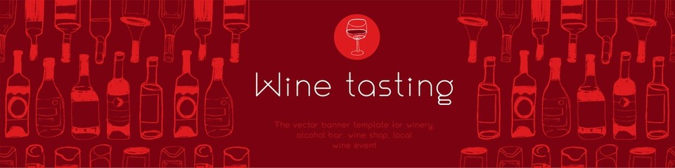 Panoramic banner template of wine tasting concept. Doodle bottles pattern with hand drawn Illustrations for wine shop, restaurant website banner. Local wine event — Organic Wines. Bar background.
