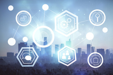 Double exposure of social network theme drawing and cityscape background. Concept of people connecton.