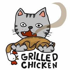 Cat and chicken grilled cartoon vector illustration