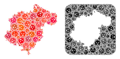 Evil virus map of Teruel Province collage created with rounded square and hole. Vector map of Teruel Province composition of virus particles in various sizes and color tones.