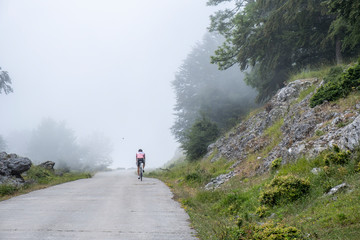 Fototapeta premium cyclist ascending the Uarte-Arakil track, Sierra de Aralar, Navarra, spain