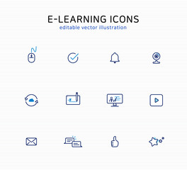 Online learning line icon set: editable vector illustration for web and app. education icons using for school, live virtual classroom, e-learning, online courses.