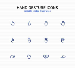 Hand gesture icon set illustration: editable line icons for web and app.  simple human finger snap include of pointing, greeting, victory, thumbs up, counting numbers, handshaking 