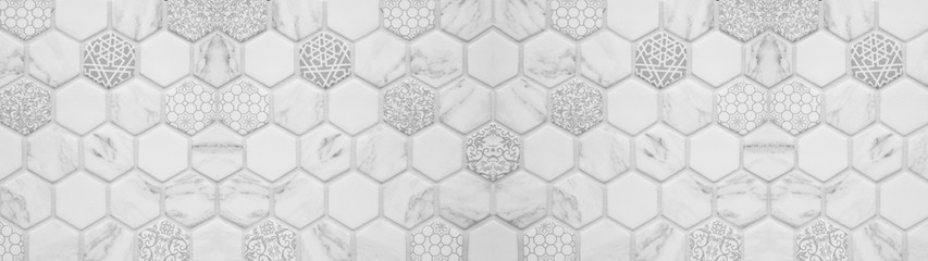 Abstract white gray grey seamless geometric modern marbled marble tile mirror made of hexagonal hexagon tiles texture background banner panorama - obrazy, fototapety, plakaty