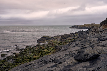 Beautiful rocky coastal landscape at Stokksnes beach in the east of the island of Iceland