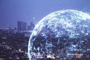 Multi exposure of social network theme drawing and cityscape background. Concept of people connecton.