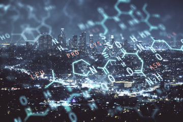 Double exposure of sience formula drawing and cityscape background. Concept of education.