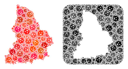 Pandemic virus map of Sverdlovsk Region mosaic designed with rounded square and stencil. Vector map of Sverdlovsk Region mosaic of pandemic virus parts in different sizes and shades.