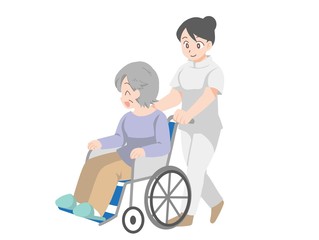 車椅子に乗った高齢者と介護士のイラスト