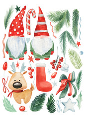 Set of Christmas drawings, Santa Claus, deer, stars, spruce branches, isolated white background