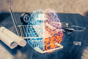 Double exposure of desktop with computer and brain drawing hologram. Artificial intelligence concept.