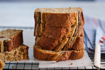 Homemade Banana Nut Bread Cut into Slices.