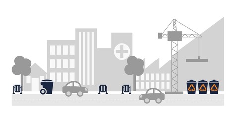 Different garbage containers on the background of the cityscape. Simple flat vector clipart of city street with road, buildings, construction crane, cars and trash cans