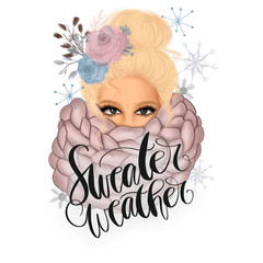 Sweater Weather Blonde Girl In Scarf Background Hand Drawn Illustration	
