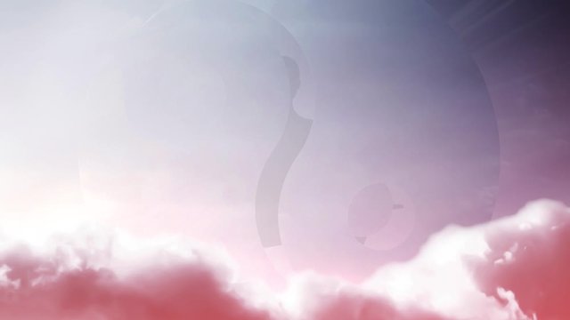 Creative 4K parallax video of the sky with moving clouds and sunlight, silhouette of a man with arms spread apart in a lotus position, flying in light against the background of the Yin-Yang symbol.
