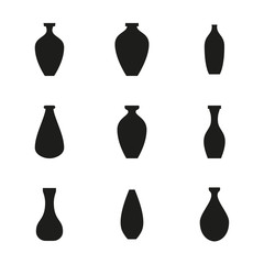 Vector set of vases, jugs icons. Isolate of black silhouettes on a white background.