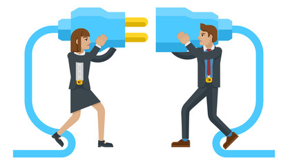 Business man and woman cartoon character mascots connecting two sides of a giant plug together.