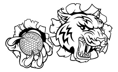 A tiger golf player cartoon animal sports mascot holding a ball in its claw