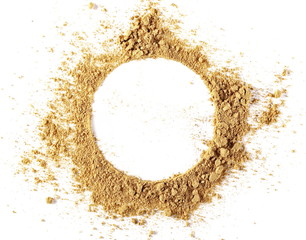 Ginger root powder, round frame and border isolated on white background, Zingiber officinale, top view